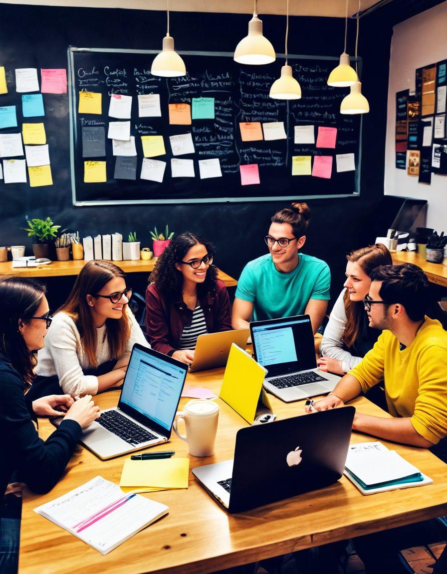 A vibrant scene depicting a diverse group of bloggers collaborating in a cozy café, surrounded by laptops, coffee cups, and notebooks. They are animatedly discussing ideas, with colorful sticky notes and a chalkboard showcasing tips on content creation and distribution. The atmosphere is lively, representing a sense of community and creativity. super-realistic. vibrant colors. warm ambiance.