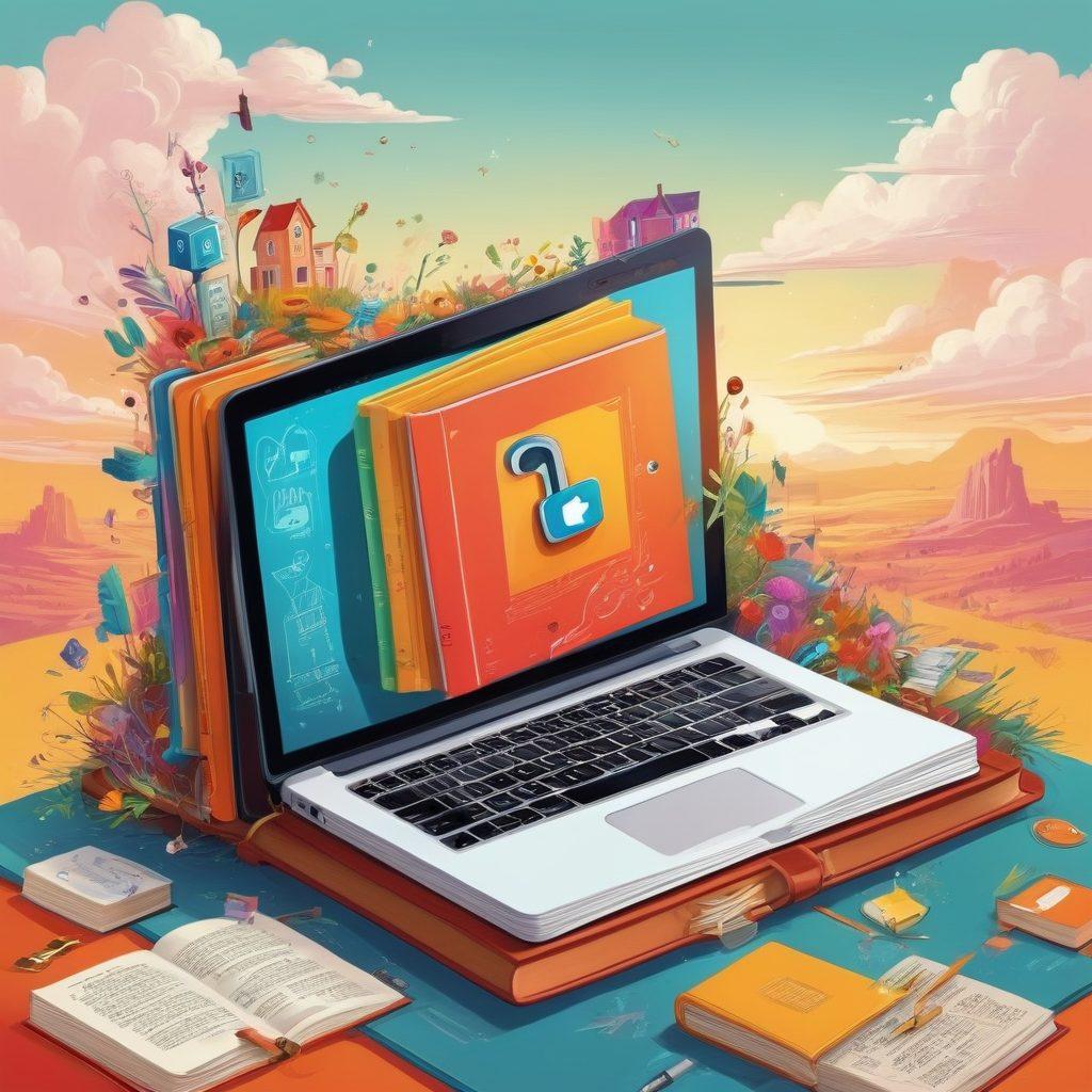A whimsical illustration of a key unlocking an intricate, colorful book bursting with stories and digital elements like social media icons, laptops, and quills. The background features a vast, digital landscape symbolizing the blogosphere, filled with playful characters engaging in storytelling. The color palette should be vibrant and inviting, drawing readers into the world of online creativity. cartoon style. vibrant colors.