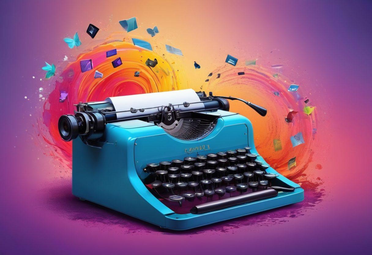 A stunning blend of a digital pen and sparkling ink, cascading into a colorful swirl of social media icons transforming into beautiful manuscripts and open books. The backdrop should feature a gradient of vibrant colors that suggests creativity and inspiration, with subtle imagery of nature to symbolize growth. Incorporate elements symbolizing both microblogging and literature, like hashtags and classic typewriters. The overall composition should evoke the evolution of expression from simple posts to literary masterpieces. super-realistic. vibrant colors. artistic style.